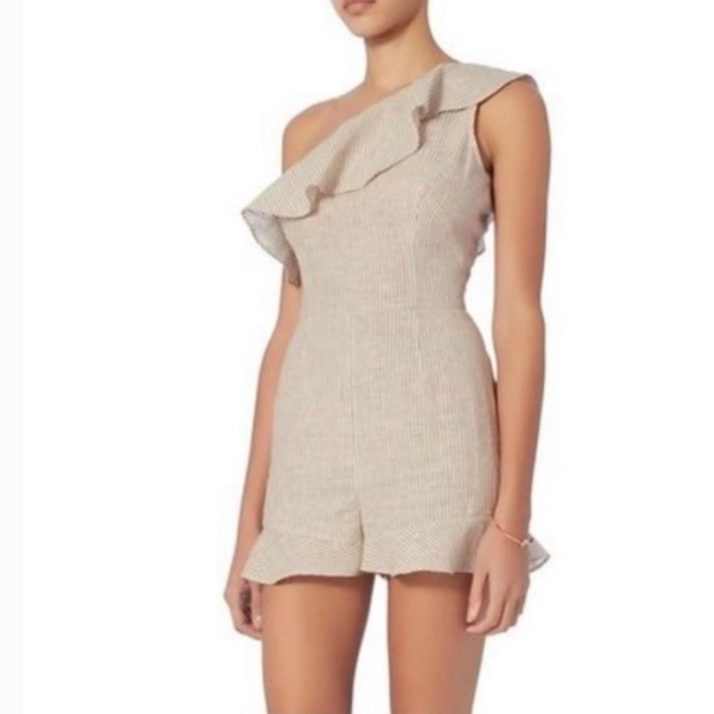 INTERMIX Linen Blended Pinstriped Beige/Cream, One Shoulder Ruffle Romper, Small - Picture 2 of 16